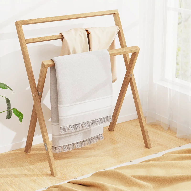 Freestanding Foldable Teak Wood Towel Rack with 3 Hanging Crossbars by DirectDeals