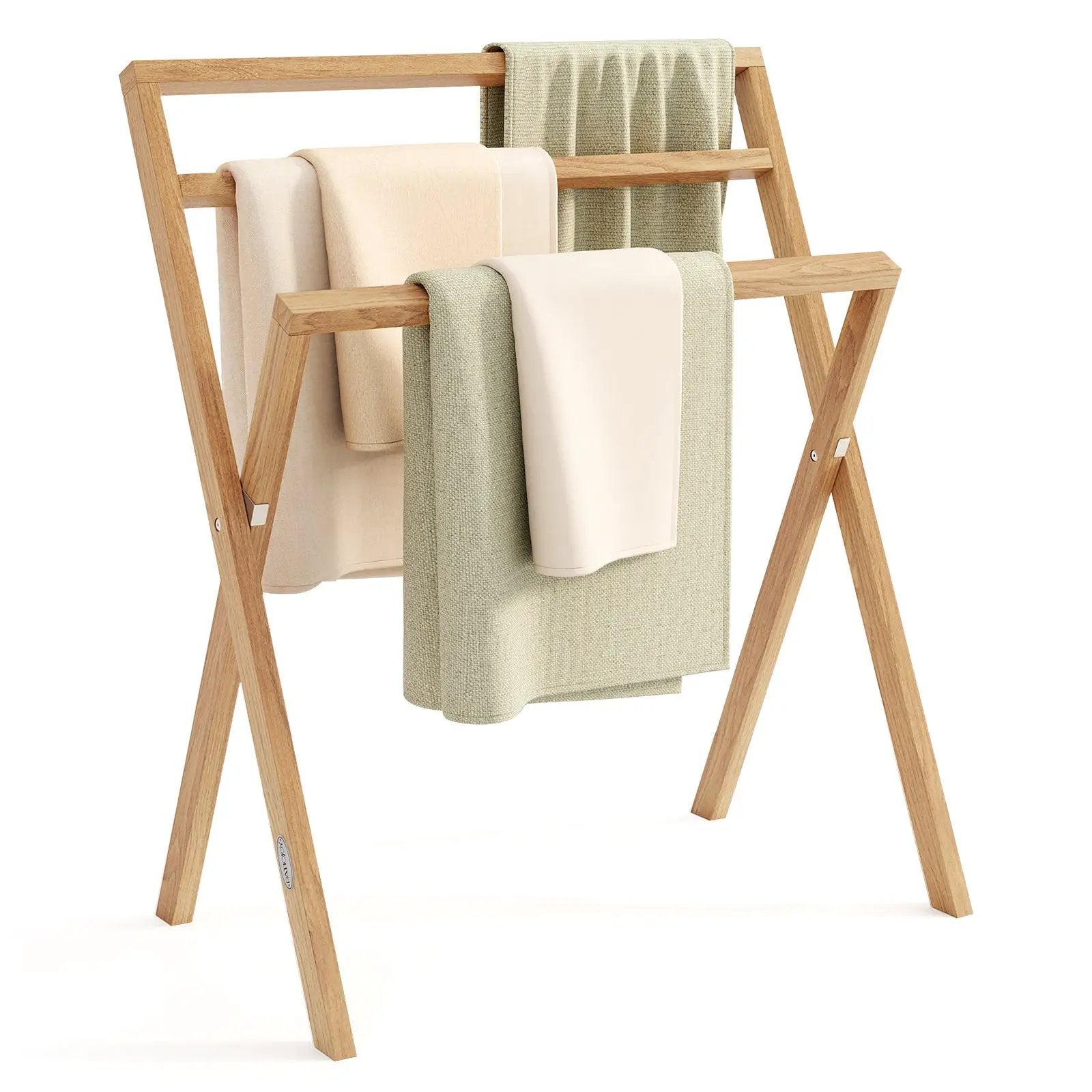 Freestanding Foldable Teak Wood Towel Rack with 3 Hanging Crossbars by DirectDeals
