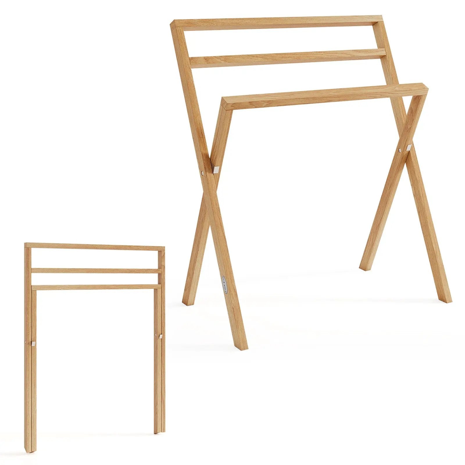 Freestanding Foldable Teak Wood Towel Rack with 3 Hanging Crossbars by DirectDeals