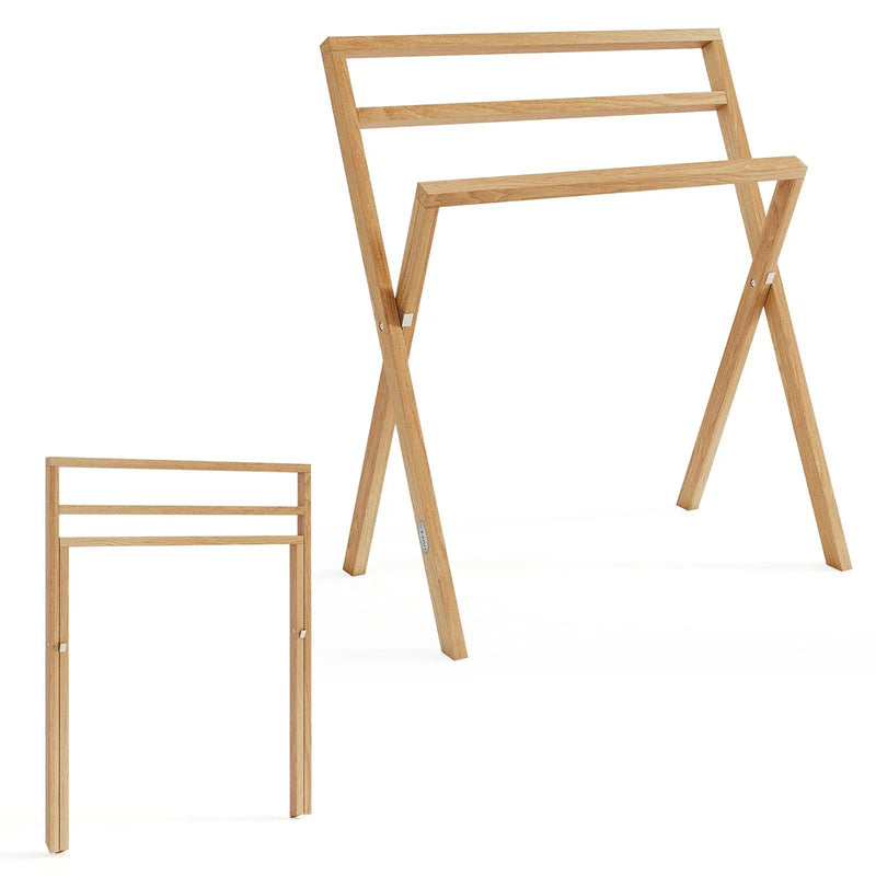 Freestanding Foldable Teak Wood Towel Rack with 3 Hanging Crossbars by DirectDeals
