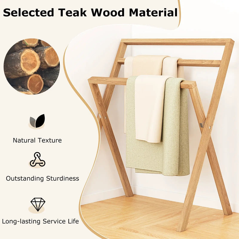 Freestanding Foldable Teak Wood Towel Rack with 3 Hanging Crossbars by DirectDeals
