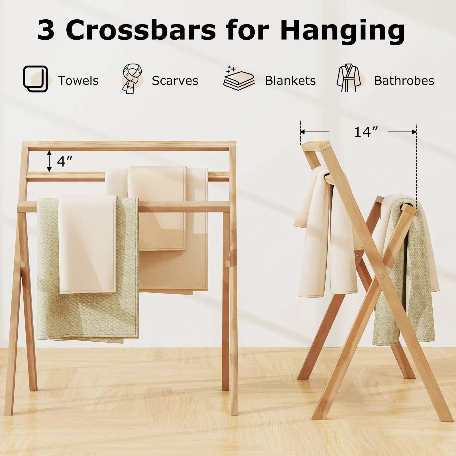 Freestanding Foldable Teak Wood Towel Rack with 3 Hanging Crossbars by DirectDeals