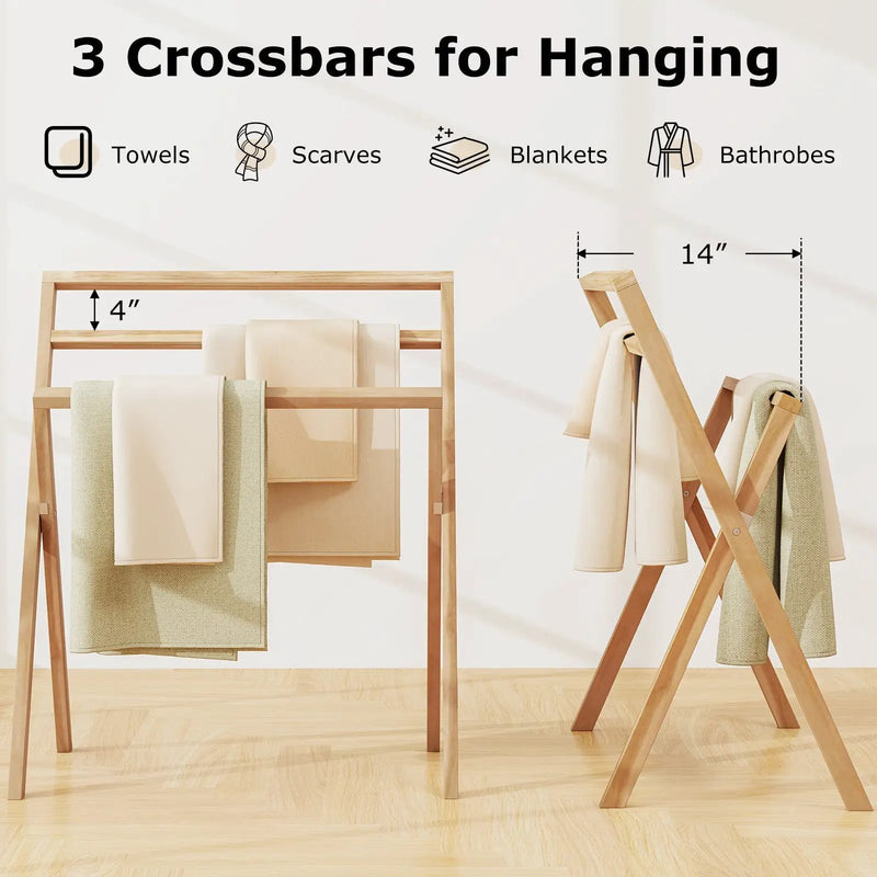 Freestanding Foldable Teak Wood Towel Rack with 3 Hanging Crossbars by DirectDeals