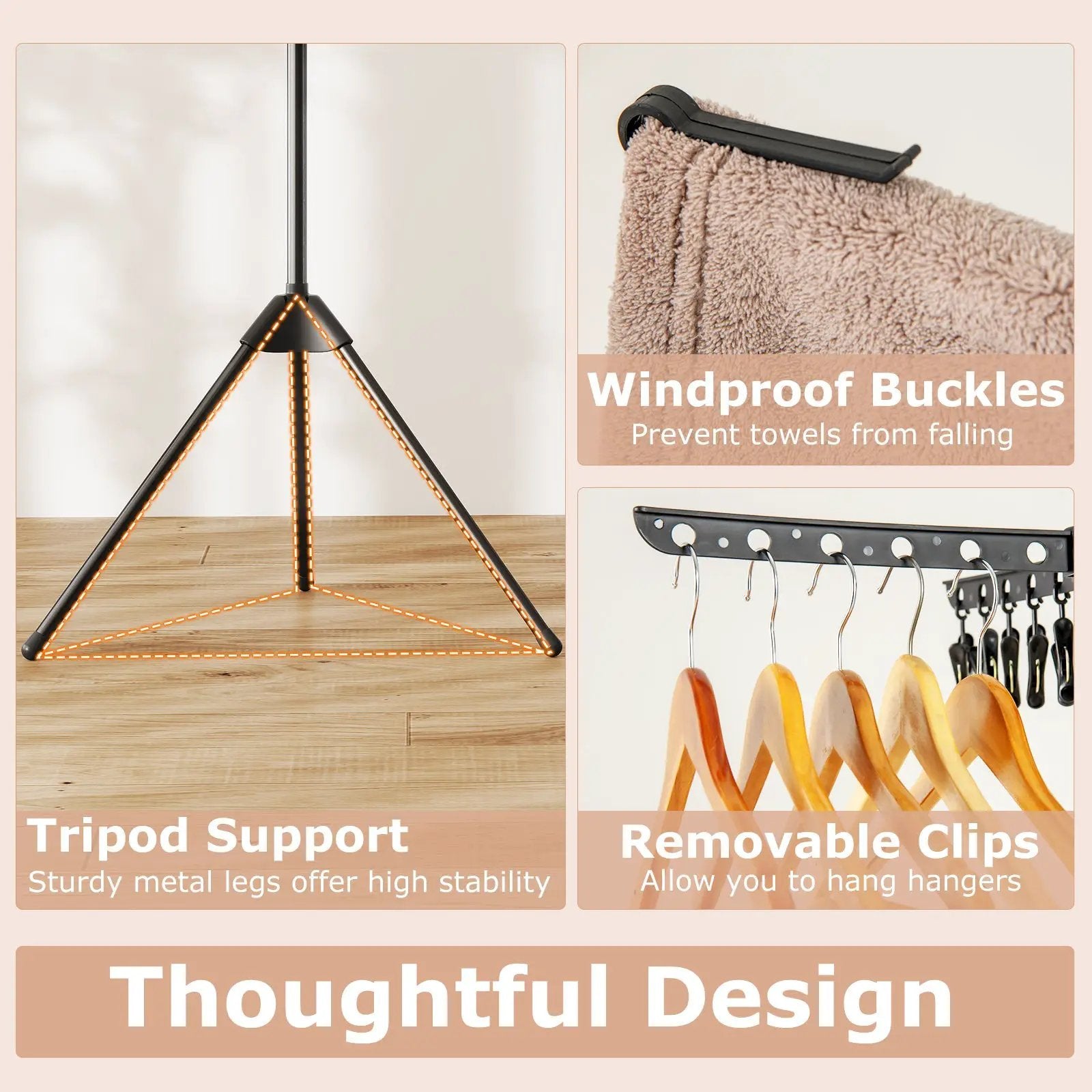 3-Tier Tripod Freestanding Folding Clothes Drying Rack with 24 Clips-Black by DirectDeals