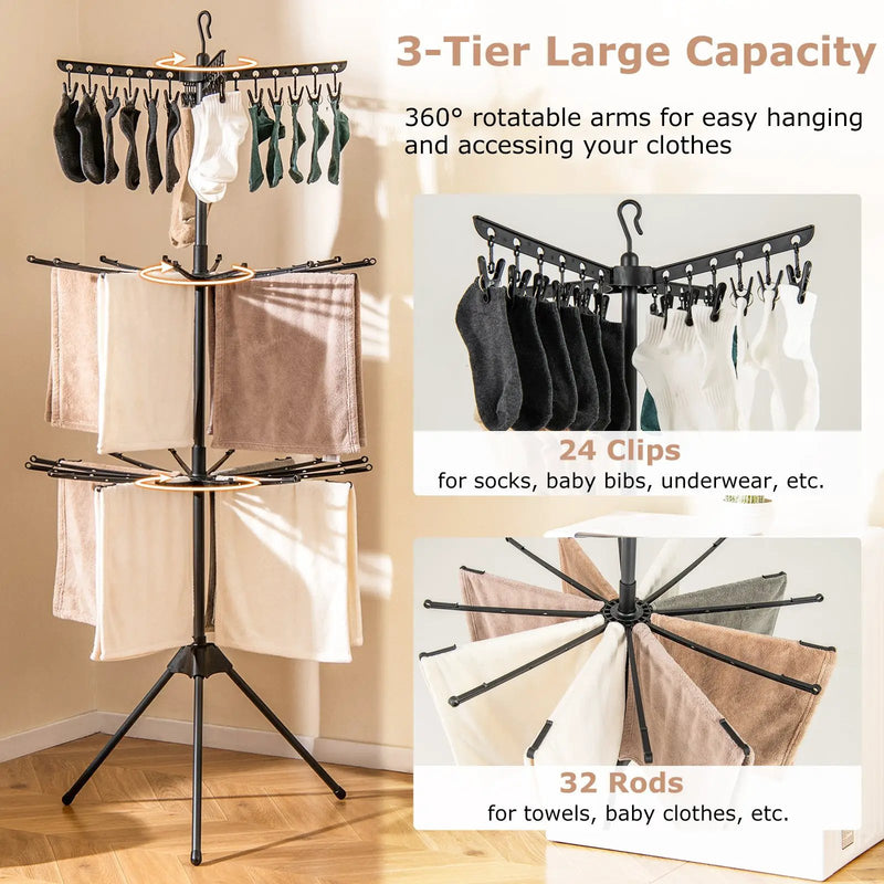 3-Tier Tripod Freestanding Folding Clothes Drying Rack with 24 Clips-Black by DirectDeals