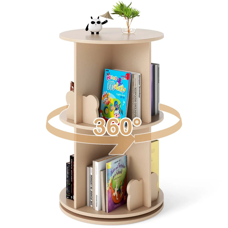 2 Tier Freestanding Kids Rotating Bookshelf Storage Rack with Bear Baffles-Natural by DirectDeals