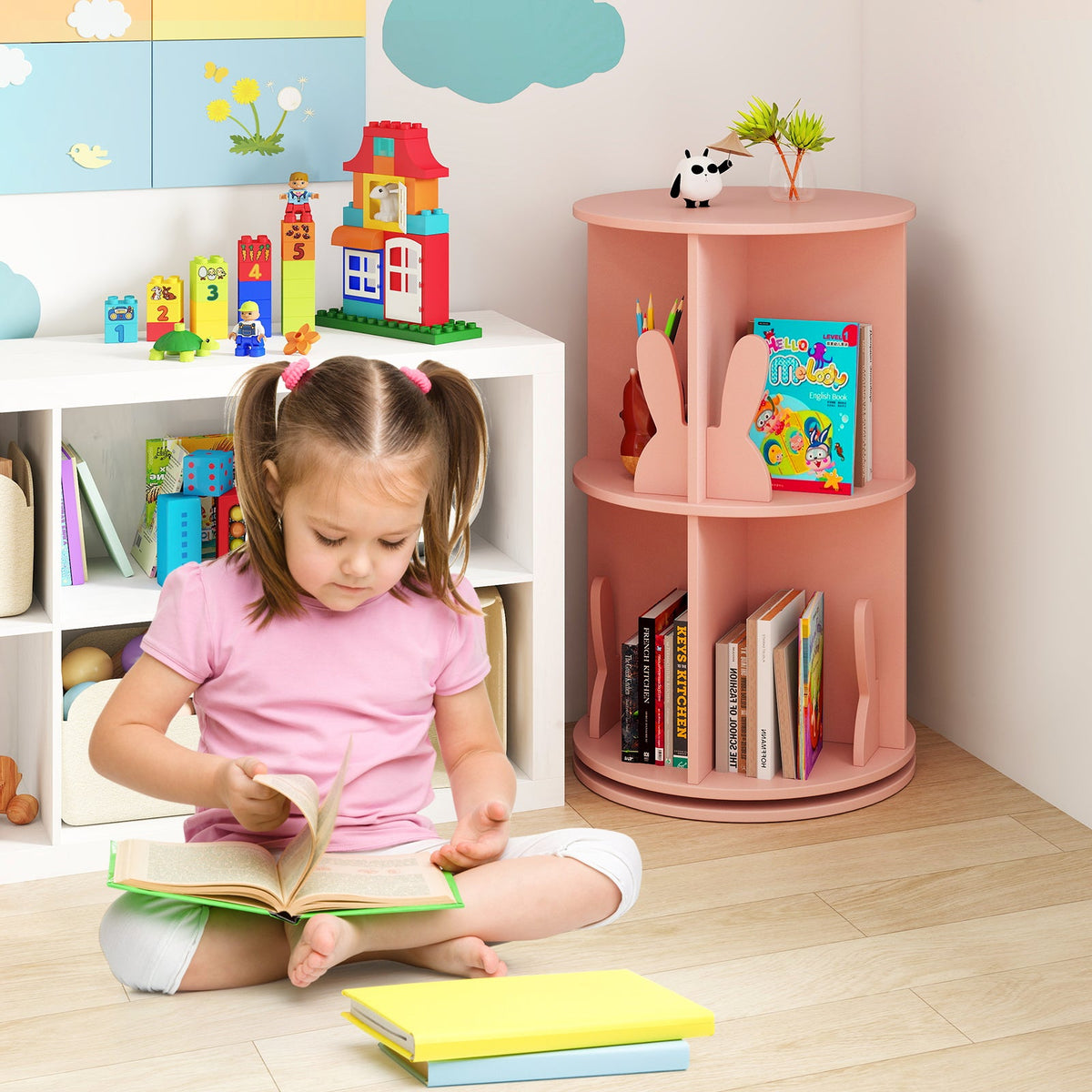 2 Tier Freestanding Kids Rotating Bookshelf Storage Rack with Bunny Baffles, photo 2 of 9