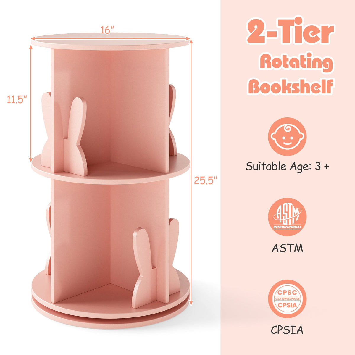 2 Tier Freestanding Kids Rotating Bookshelf Storage Rack with Bunny Baffles, photo 5 of 9