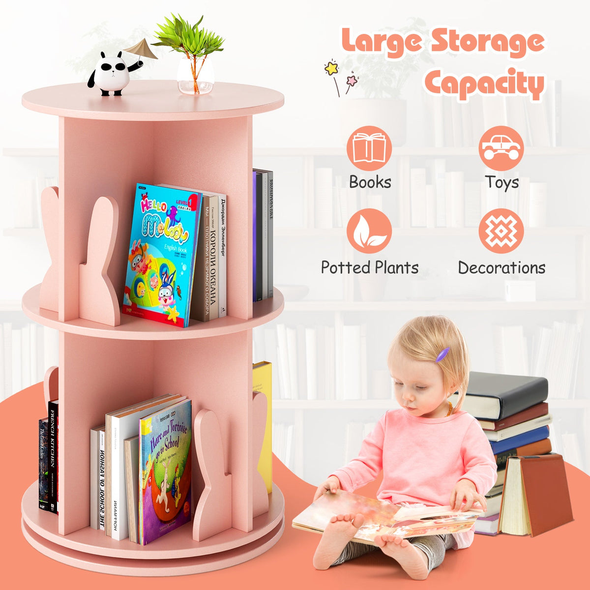 2 Tier Freestanding Kids Rotating Bookshelf Storage Rack with Bunny Baffles, photo 7 of 9