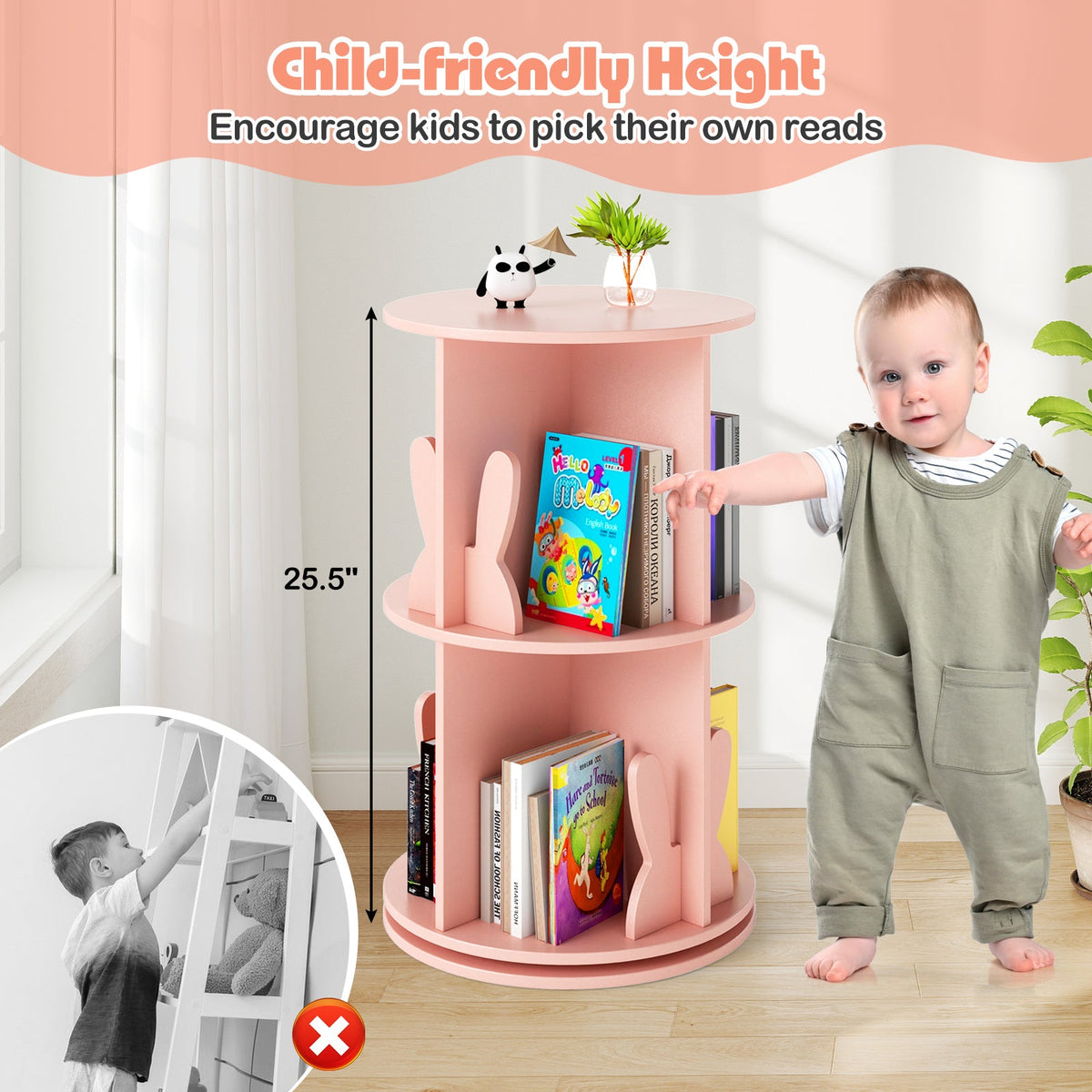 2 Tier Freestanding Kids Rotating Bookshelf Storage Rack with Bunny Baffles, photo 8 of 9