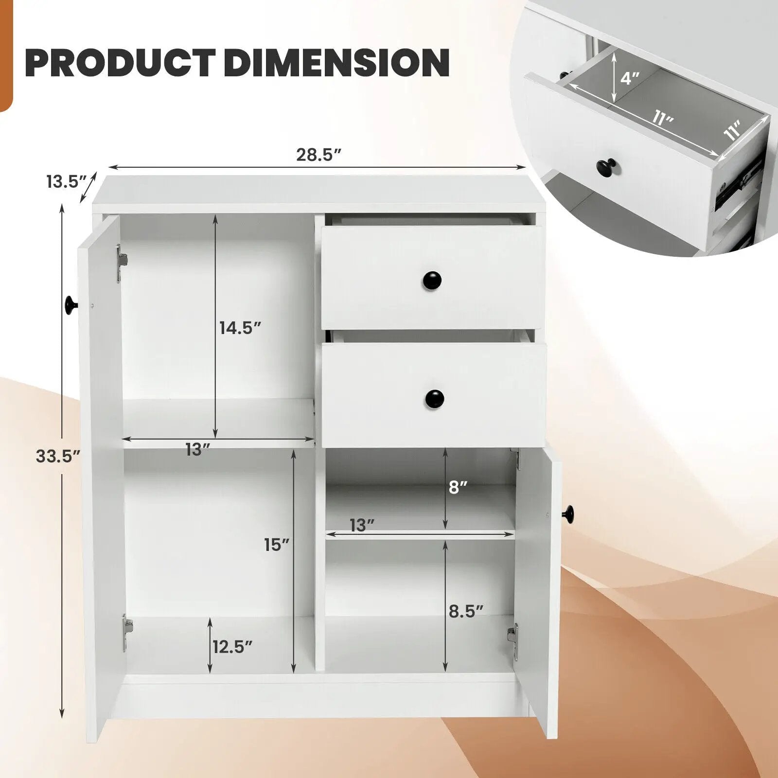 2-Door Free-standing Kitchen Sideboard with Adjustable Shelves-White by DirectDeals