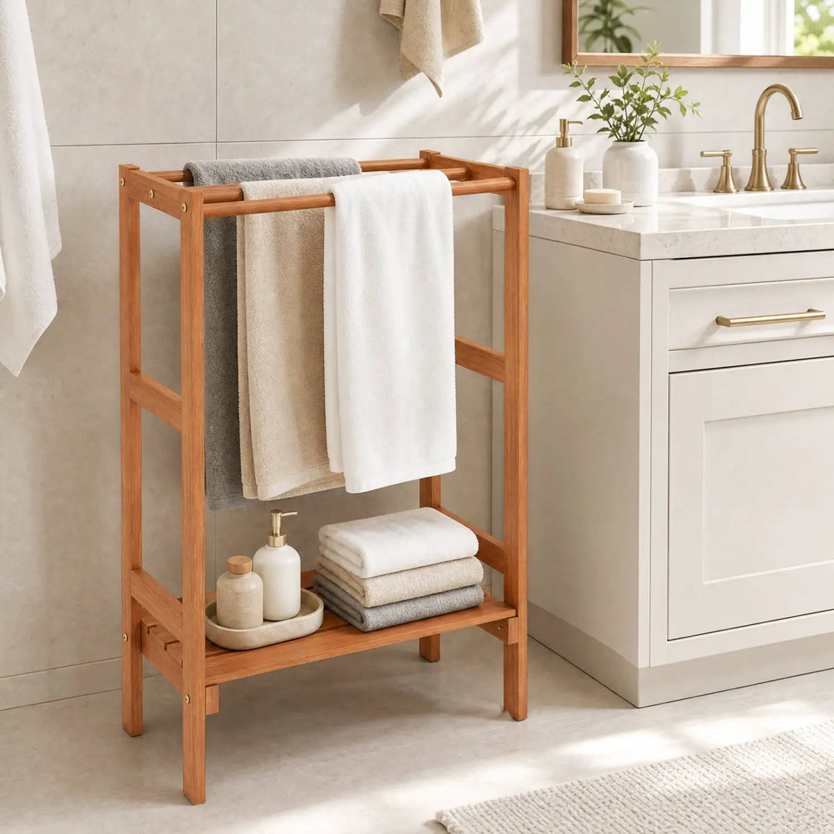 Freestanding Towel Rack with 3 Bars and Bottom Shelf by DirectDeals