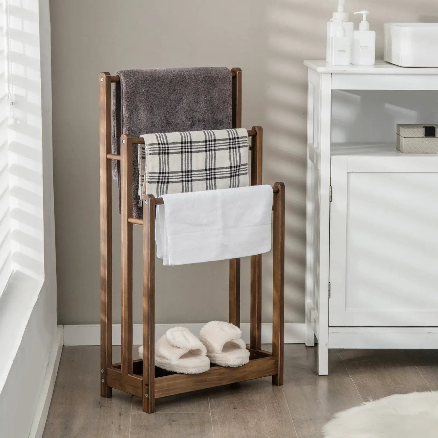 Freestanding Towel Rack 3-Bar Hand Towel Drying Stand with Bottom Storage Shelf by DirectDeals