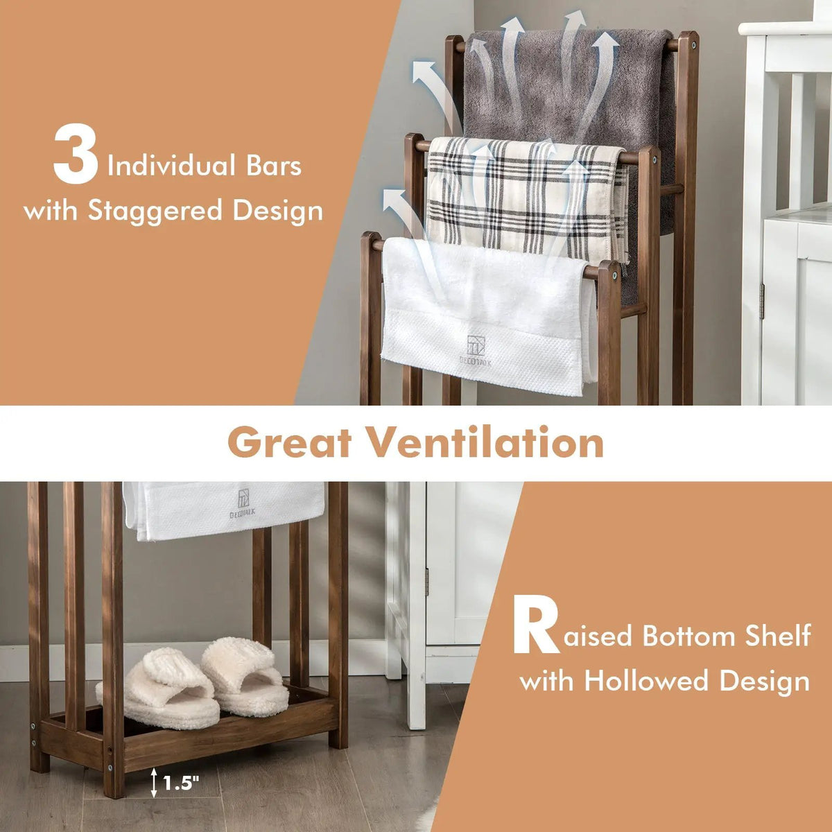 Freestanding Towel Rack 3-Bar Hand Towel Drying Stand with Bottom Storage Shelf by DirectDeals