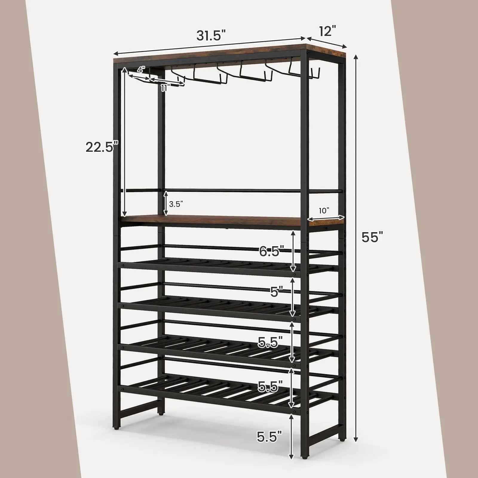 Freestanding Wine Bakers Rack with 4-Tier Wine Storage and 4 Rows of Stemware Racks by DirectDeals