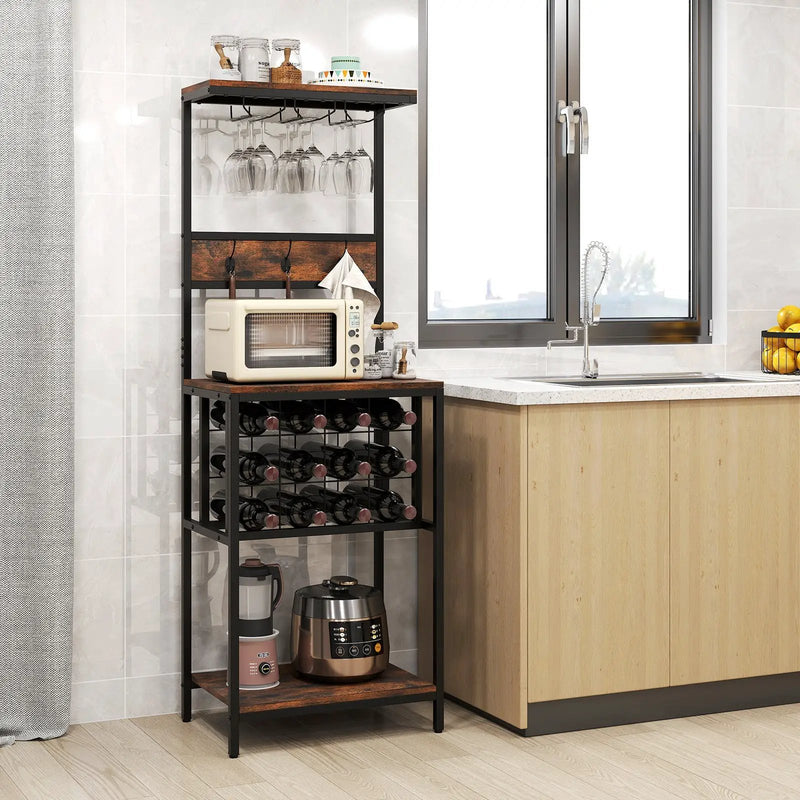 Freestanding Wine Rack Floor Wine Bar Cabinet with Glass Racks-Rustic Brown by DirectDeals
