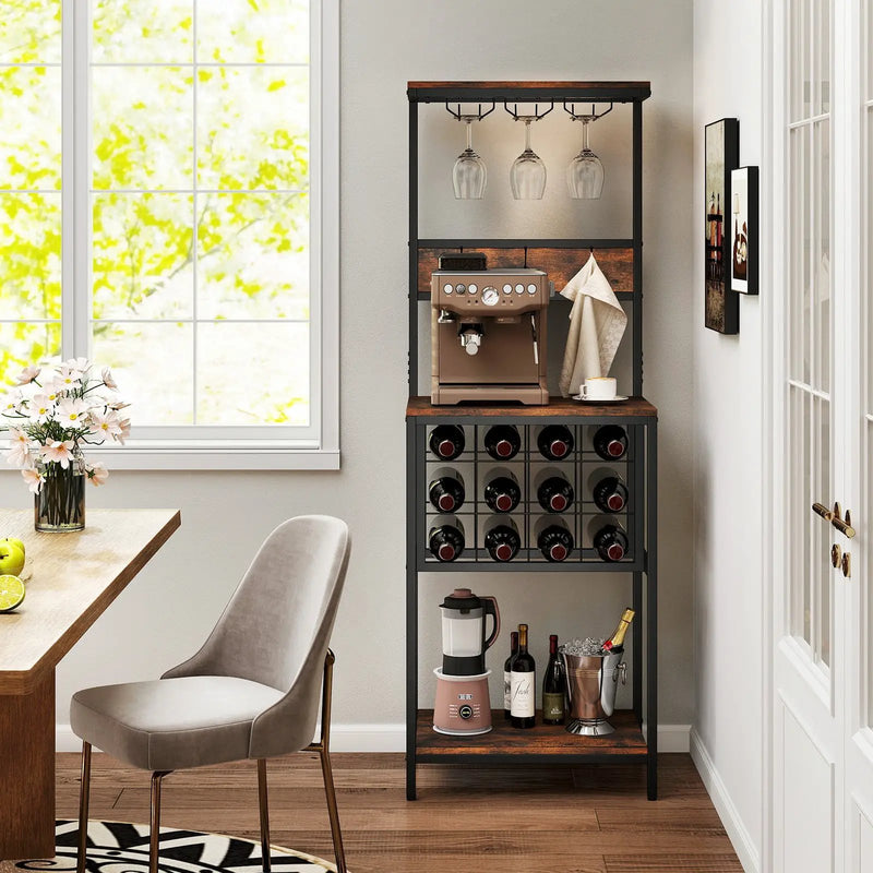 Freestanding Wine Rack Floor Wine Bar Cabinet with Glass Racks-Rustic Brown by DirectDeals