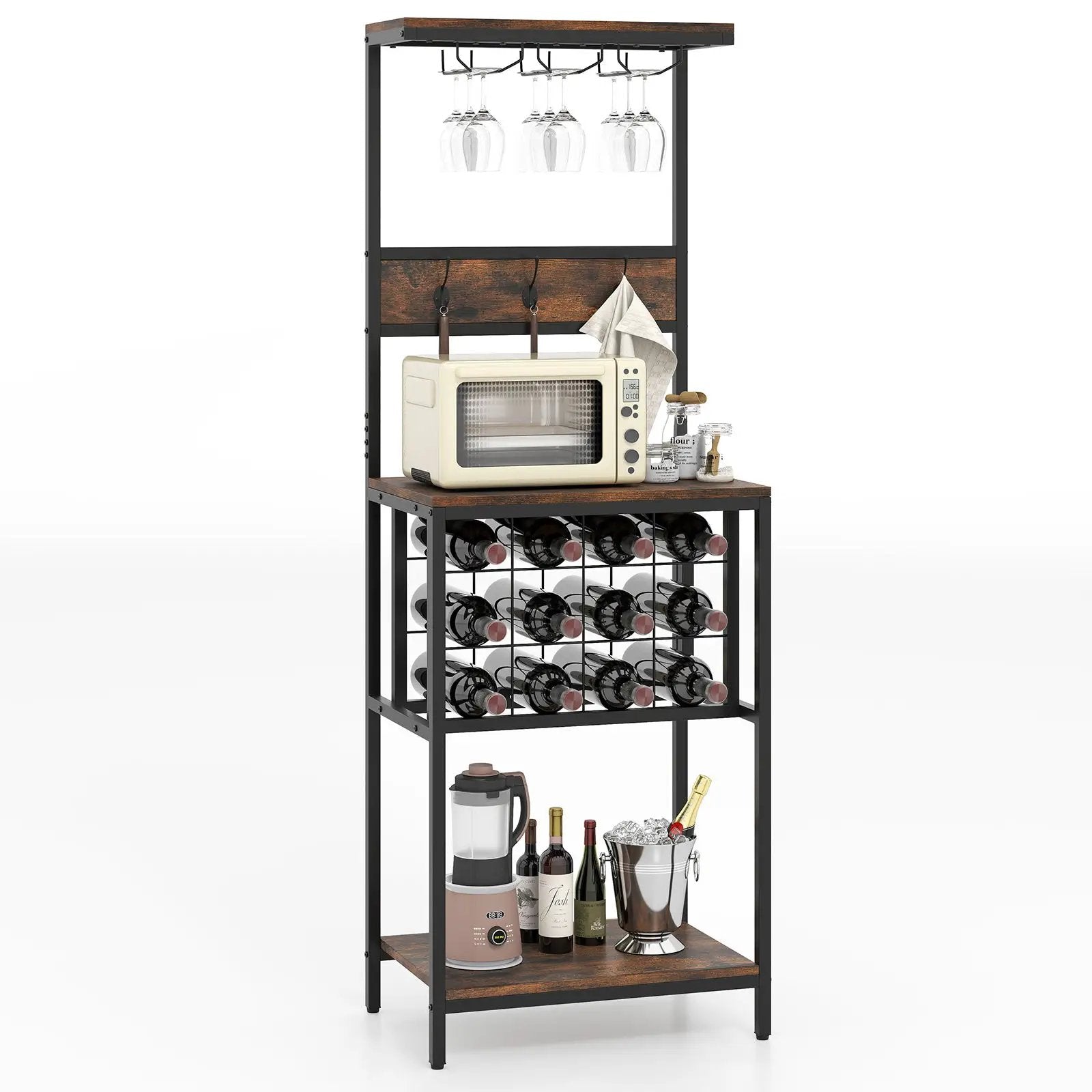 Freestanding Wine Rack Floor Wine Bar Cabinet with Glass Racks-Rustic Brown by DirectDeals