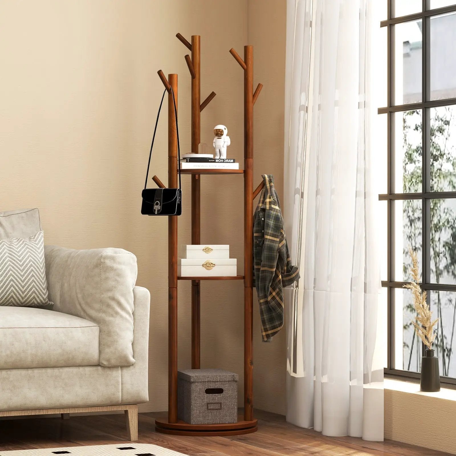 Freestanding Wooden Coat Tree with 3 Display Storage Shelves and 9 Hooks by DirectDeals