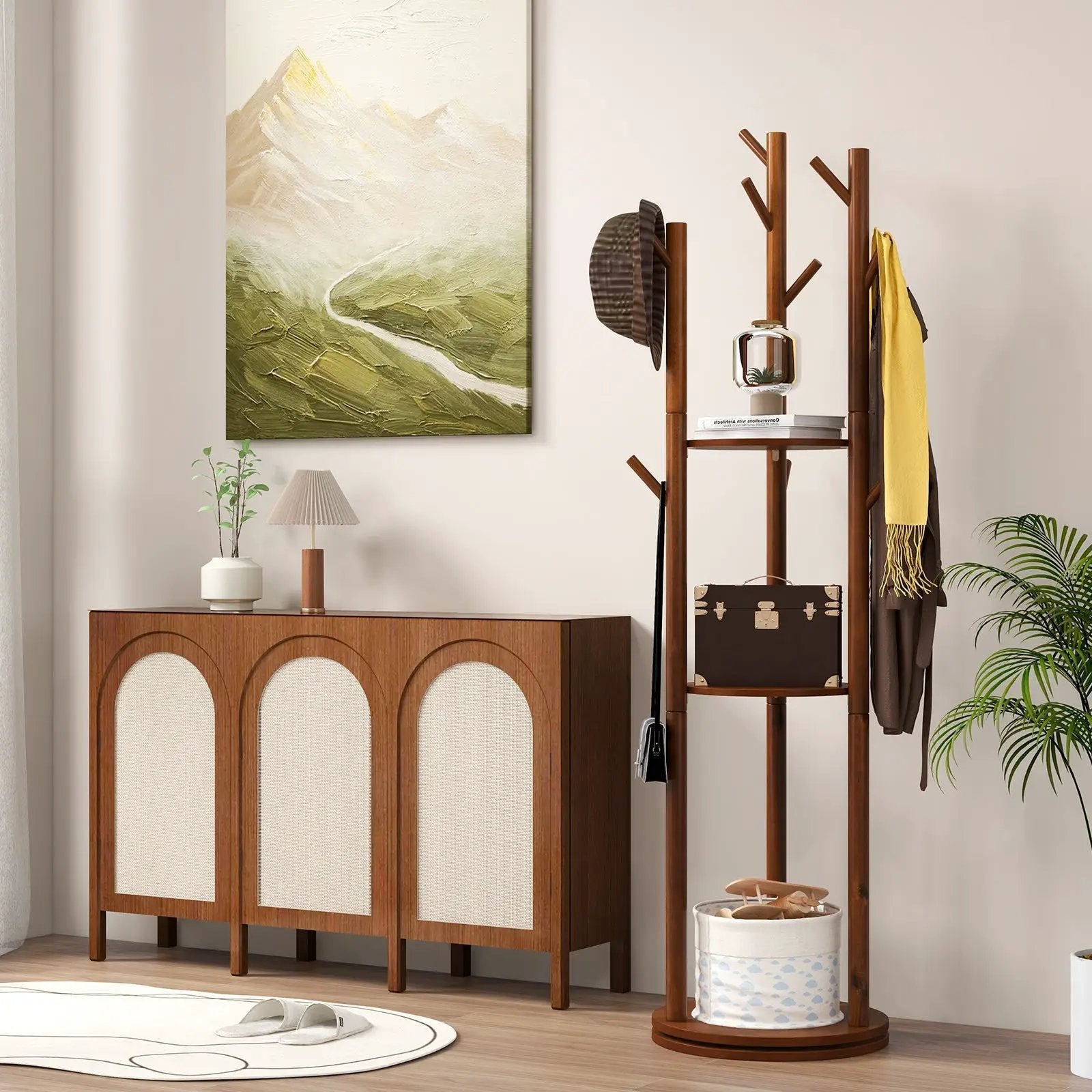 Freestanding Wooden Coat Tree with 3 Display Storage Shelves and 9 Hooks by DirectDeals