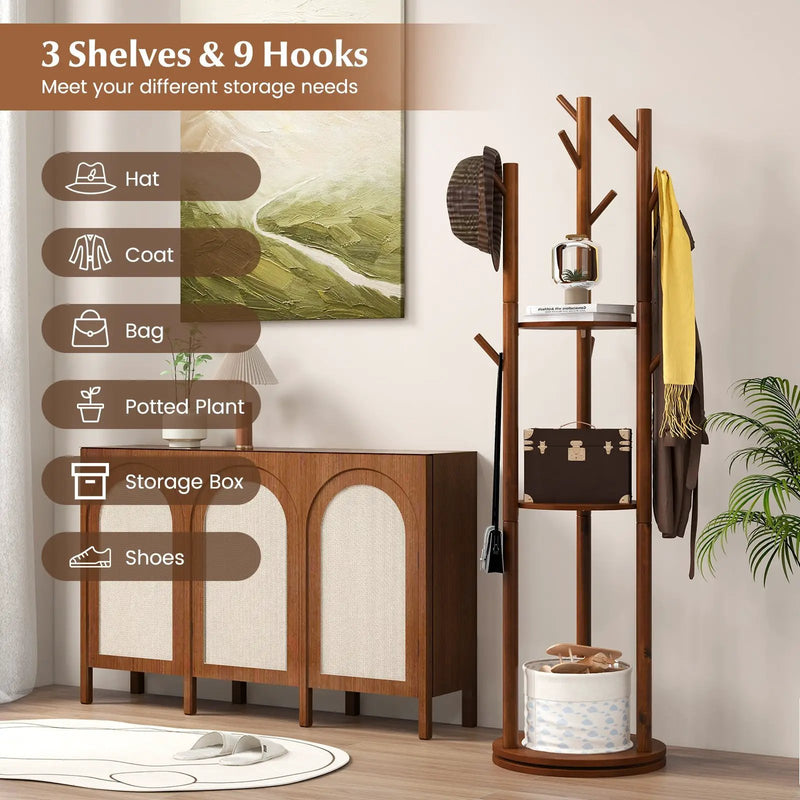 Freestanding Wooden Coat Tree with 3 Display Storage Shelves and 9 Hooks by DirectDeals