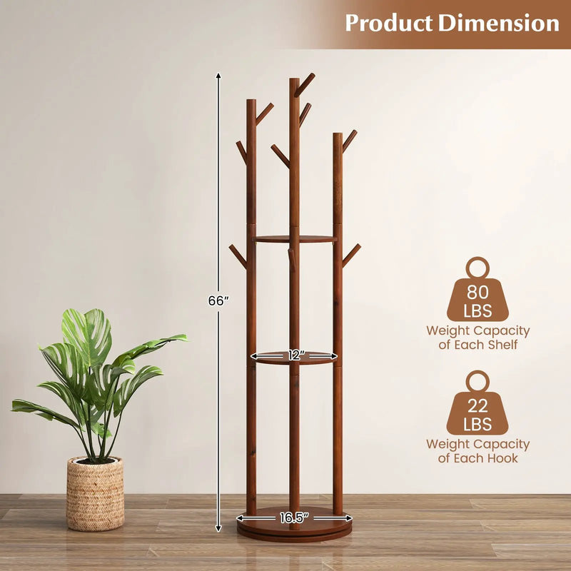 Freestanding Wooden Coat Tree with 3 Display Storage Shelves and 9 Hooks by DirectDeals