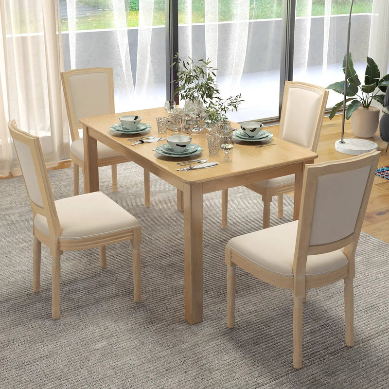 French Dining Chair Set of 2 with Rectangular Backrest and Solid Rubber Wood Frame-Beige by DirectDeals