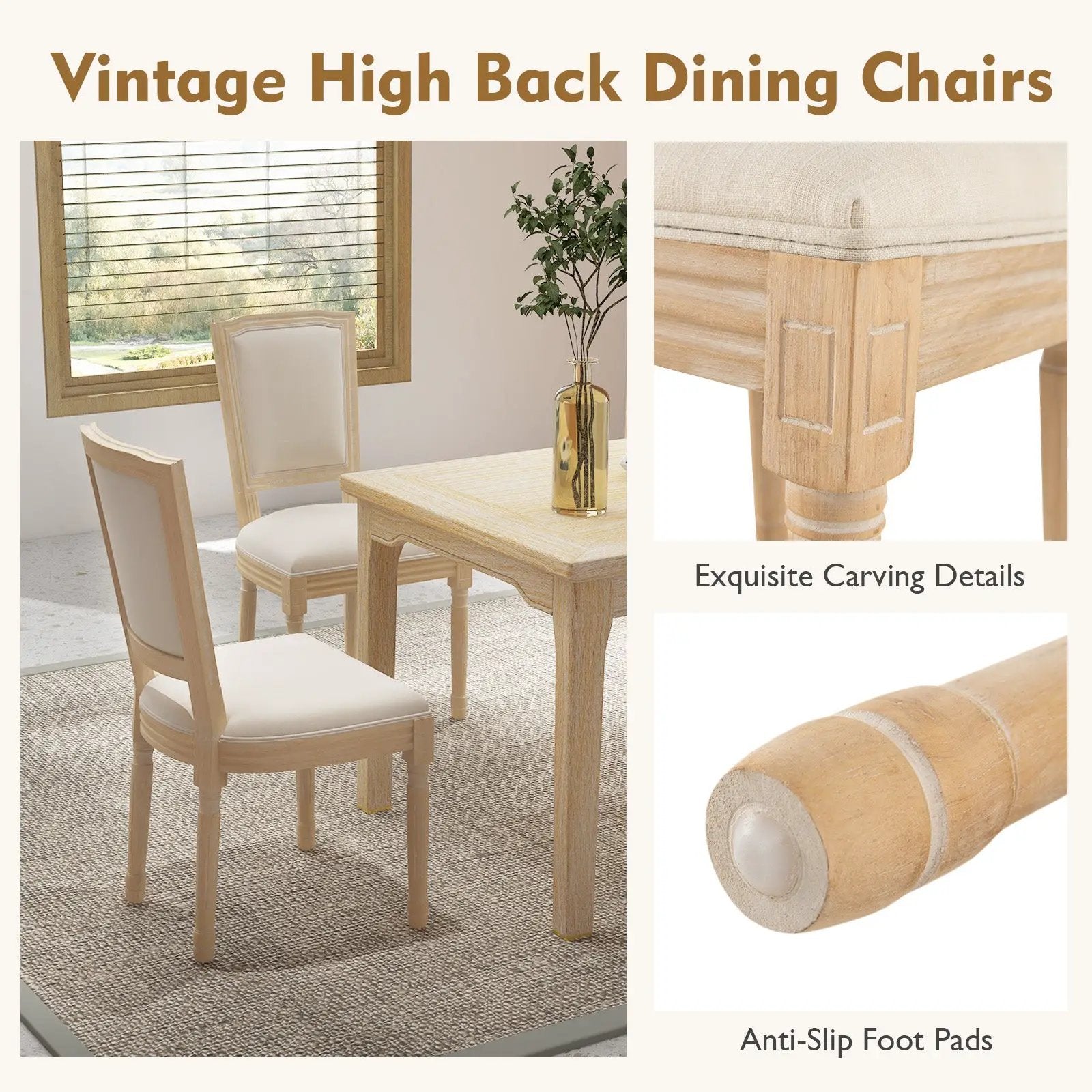 French Dining Chair Set of 2 with Rectangular Backrest and Solid Rubber Wood Frame-Beige by DirectDeals