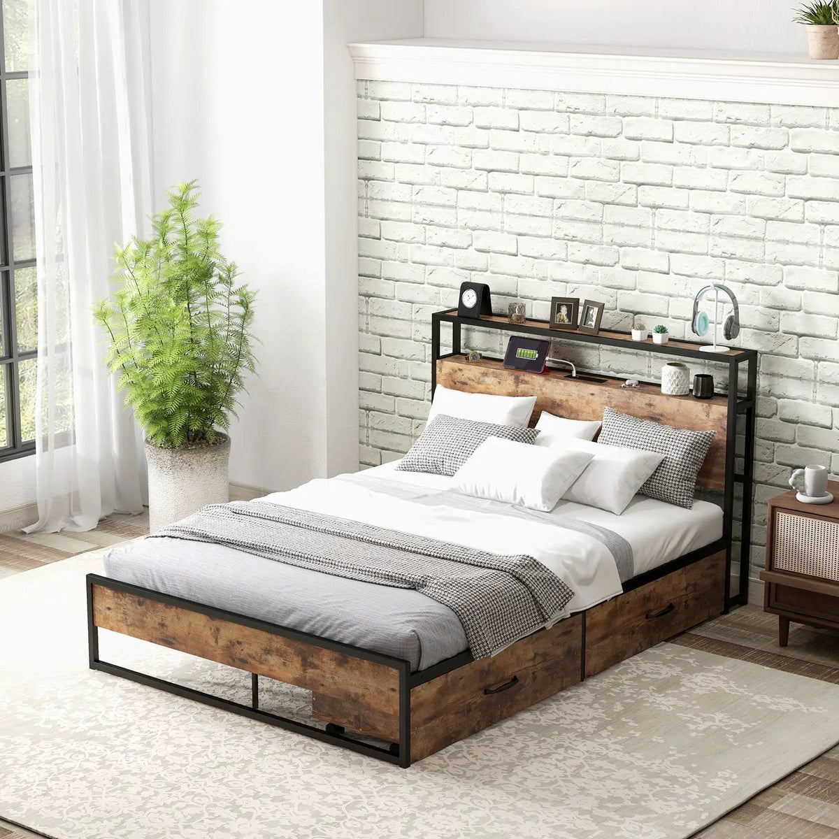 Full/Queen Bed Frame with 2-Tier Storage Headboard and Charging Station, photo 2 of 7