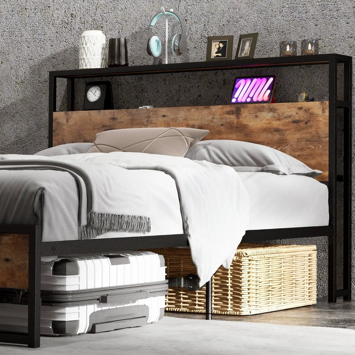 Full/Queen Bed Frame with 2-Tier Storage Headboard and Charging Station, photo 6 of 7