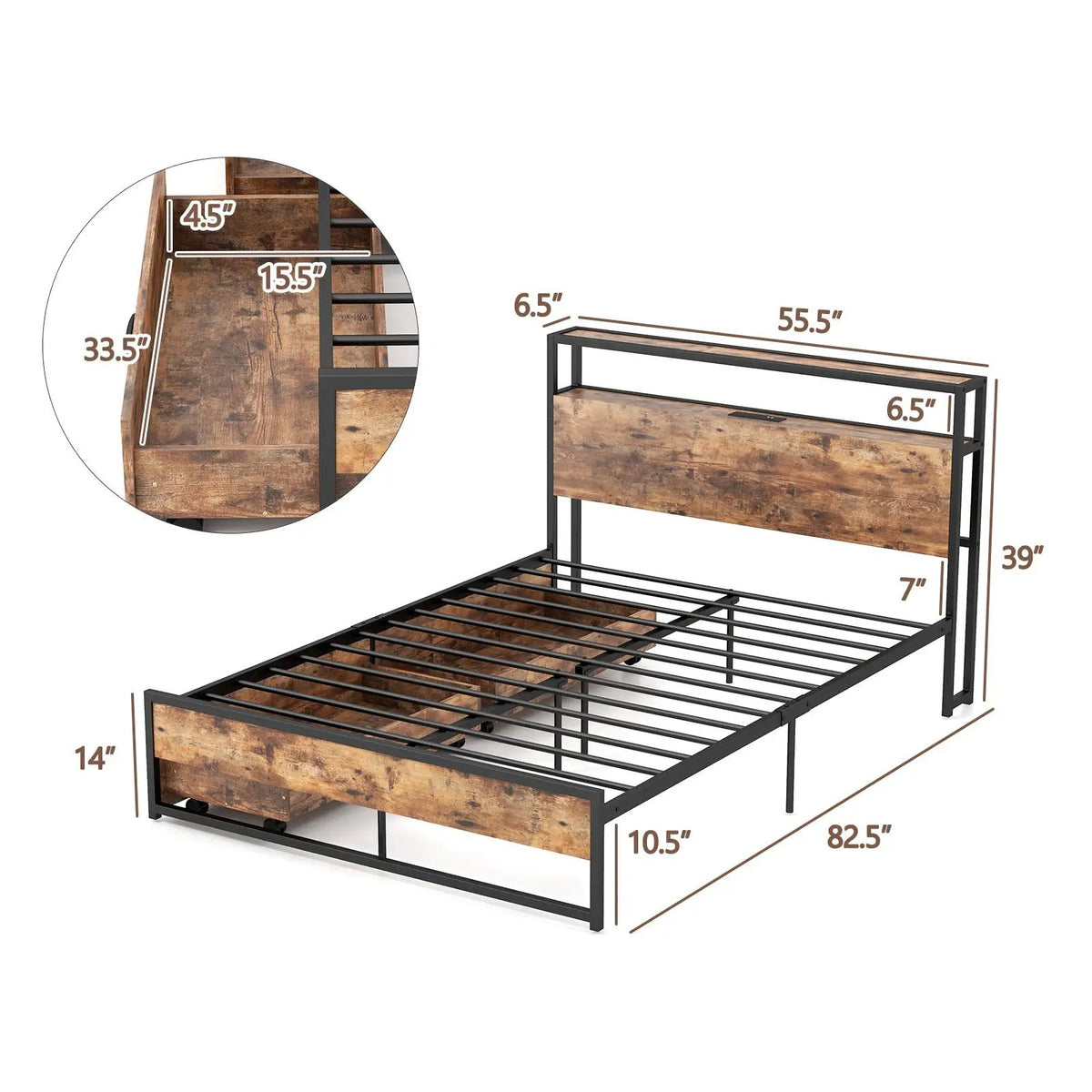 Full/Queen Bed Frame with 2-Tier Storage Headboard and Charging Station, photo 4 of 7
