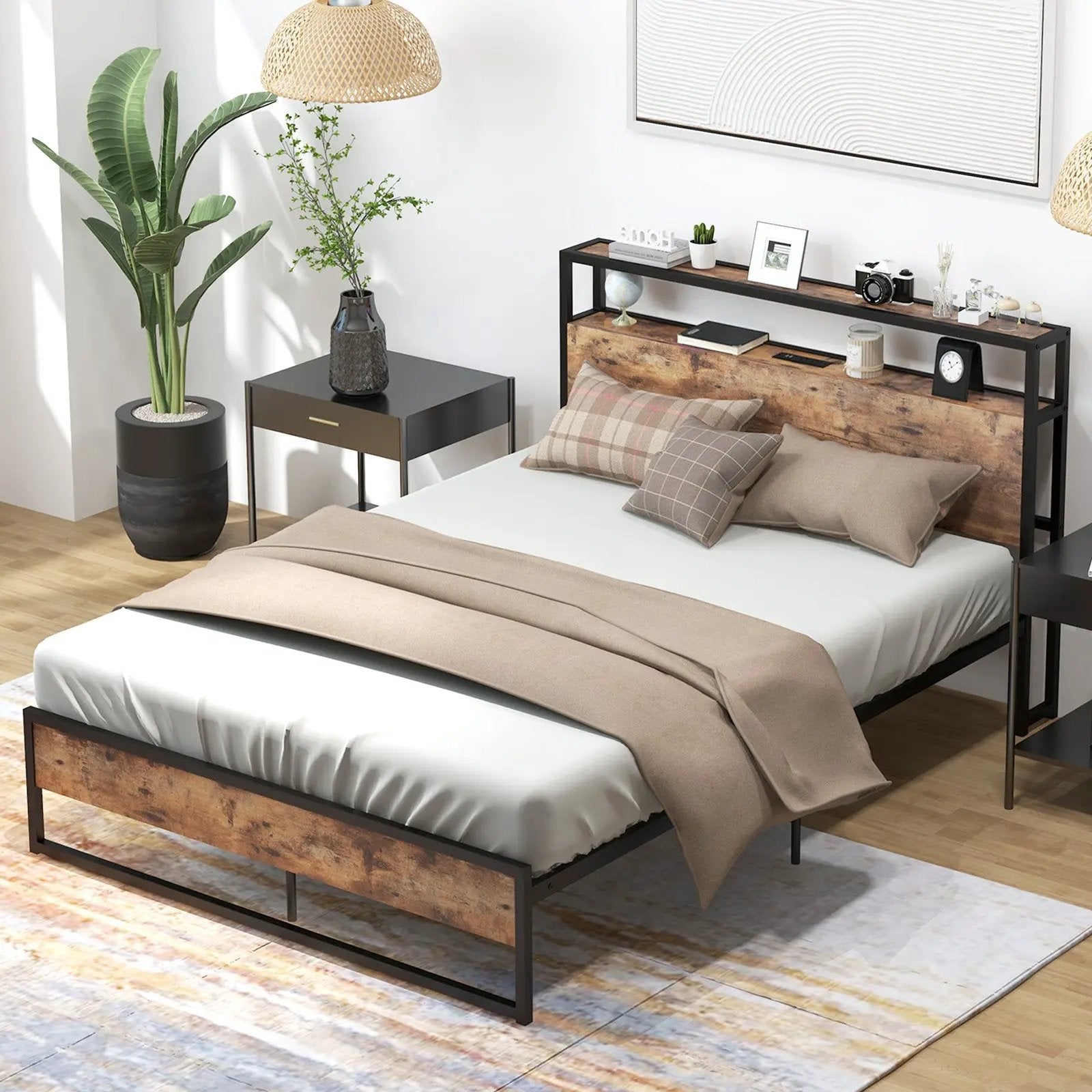 Full/Queen Bed Frame with 2-Tier Storage Headboard and Charging Station by DirectDeals