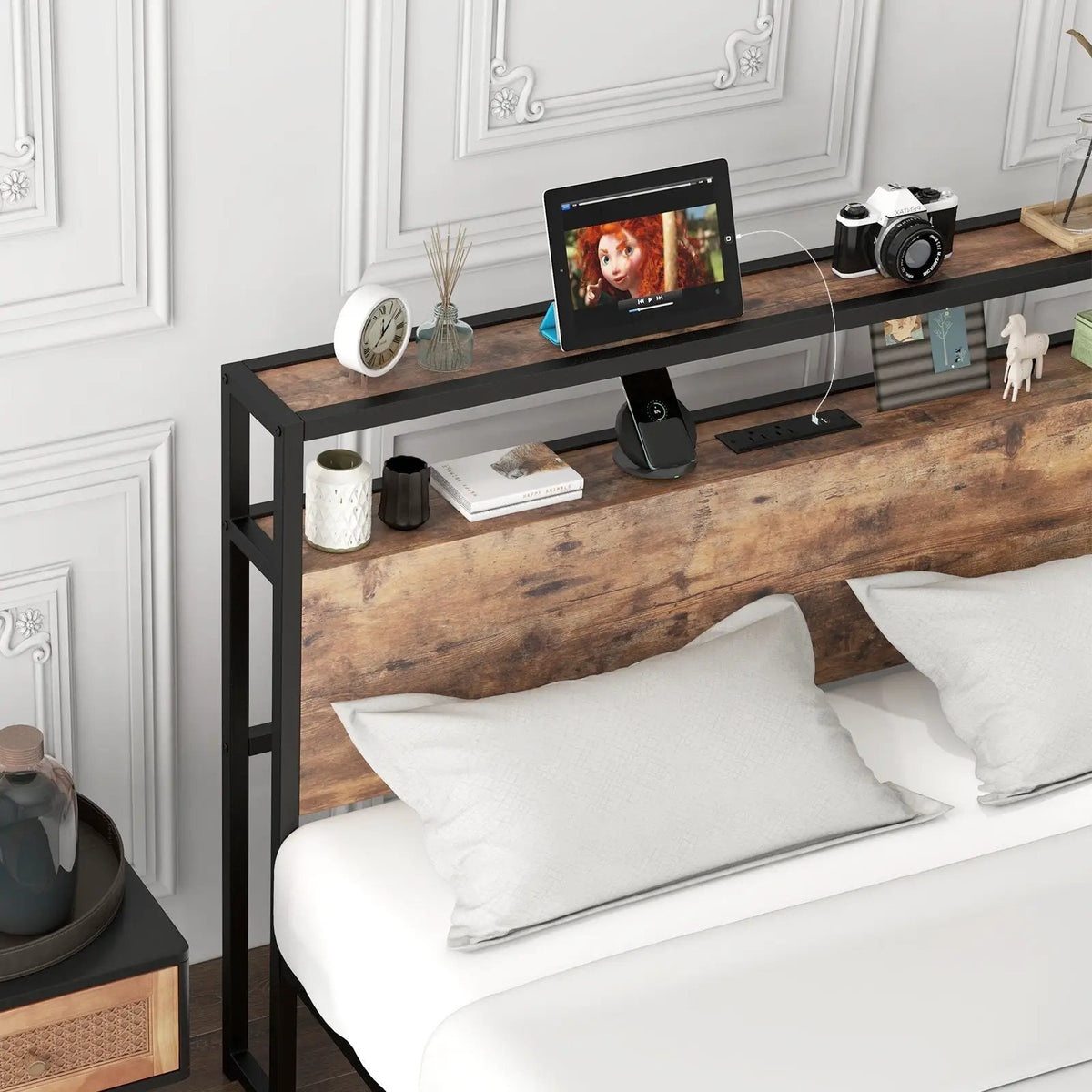 Full/Queen Bed Frame with 2-Tier Storage Headboard and Charging Station, photo 5 of 9