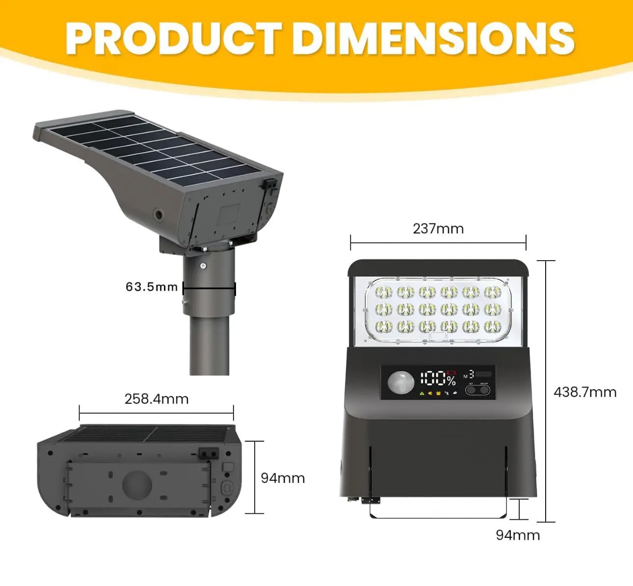 1800W Solar Lights Outdoor Waterproof, 3000K 5700K LED Screen Solar Motion Light with Rain Sensor, 3000LM Solar Street Light Dusk to Dawn by Outdoor Solar Outlet