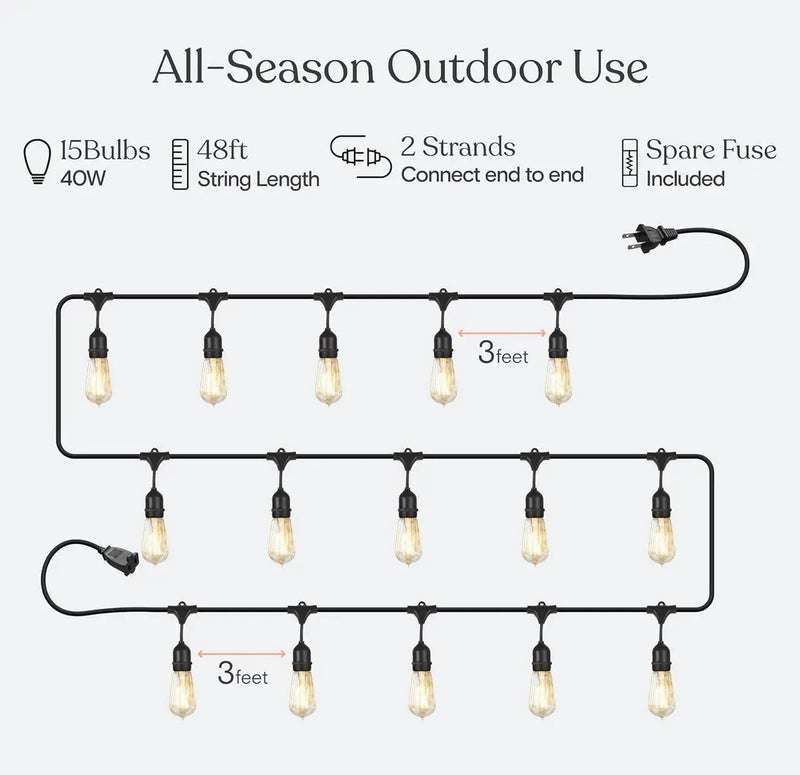 48Ft Pro Vintage Edition Plug-In Outdoor Heavy Quality 40W Commercial String Lights-15 Bulbs by Outdoor Solar Outlet