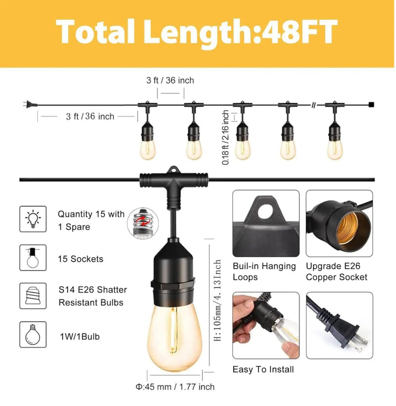 48 Ft Plug-In LED Outdoor String Lights Waterproof- Hanging, Dimmable 2W Vintage Edison Bulbs by Outdoor Solar Outlet