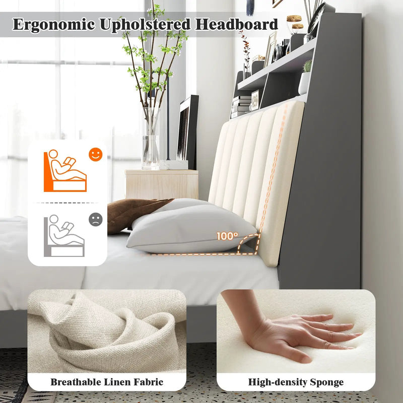 Full Size Bed Frame with Storage Modern Platform Bed with Headboard-Full Size by DirectDeals
