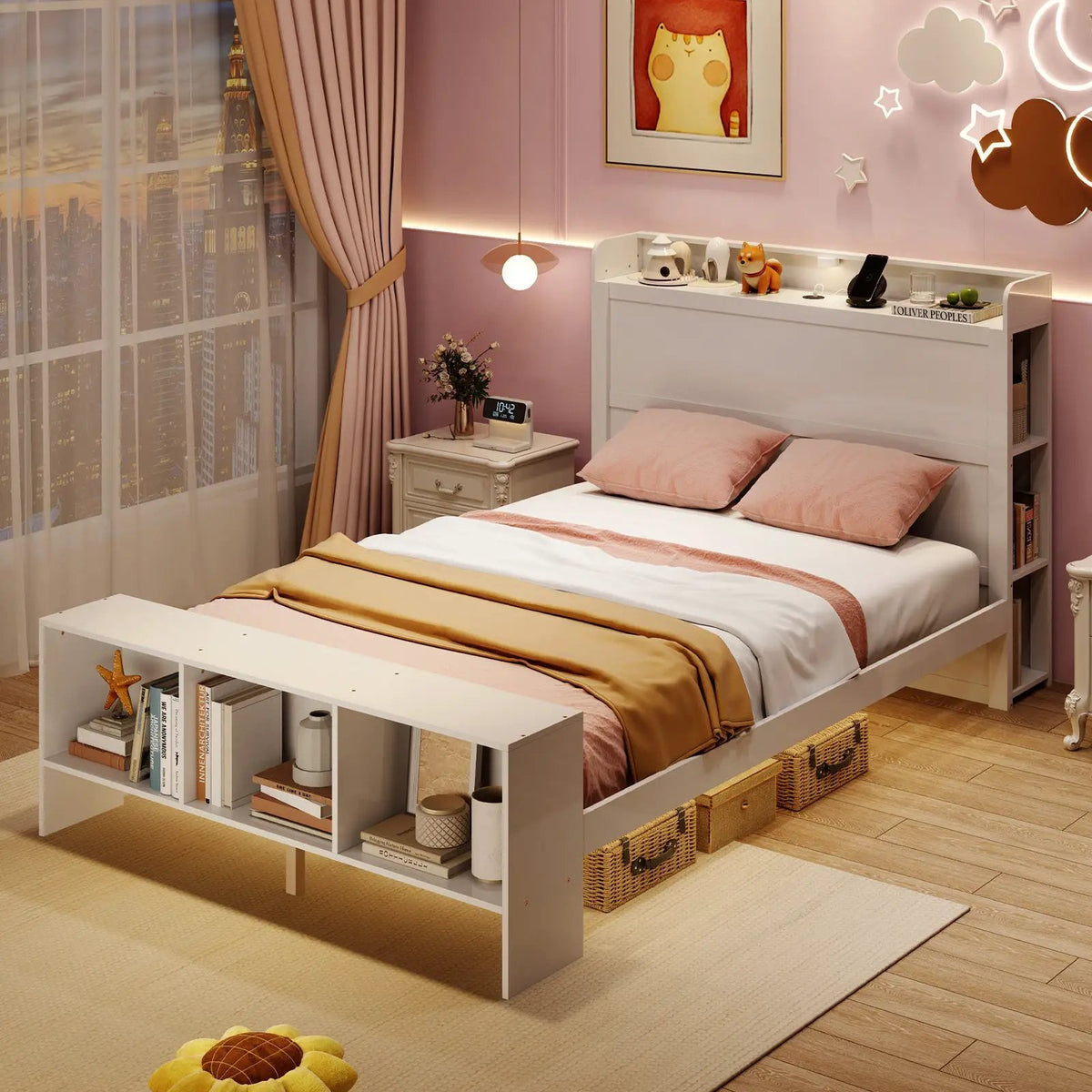Full Size Bed Frame with 2 USB Ports with Storage Headboard and Lights