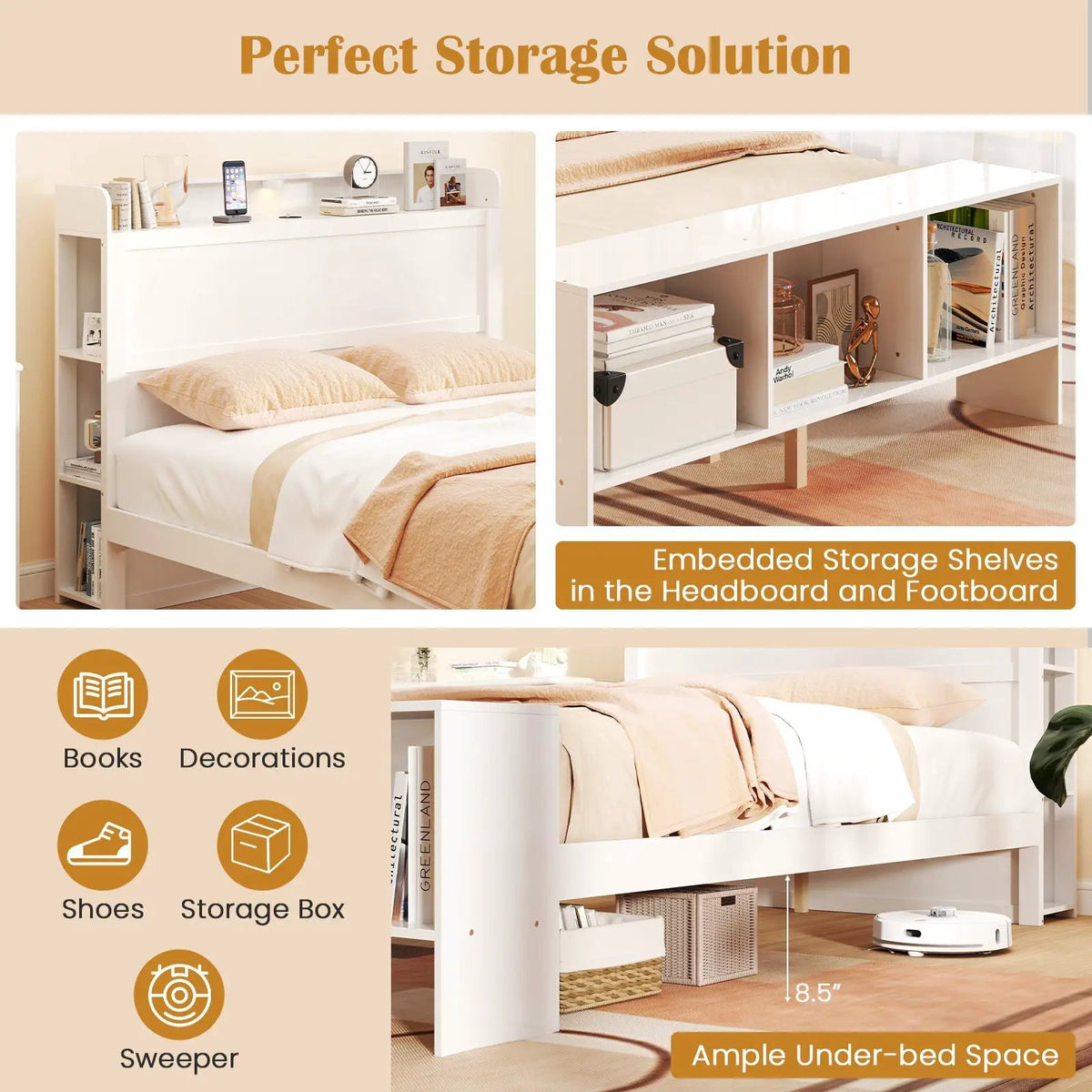 Full Size Bed Frame with 2 USB Ports with Storage Headboard and Lights, photo 6 of 9