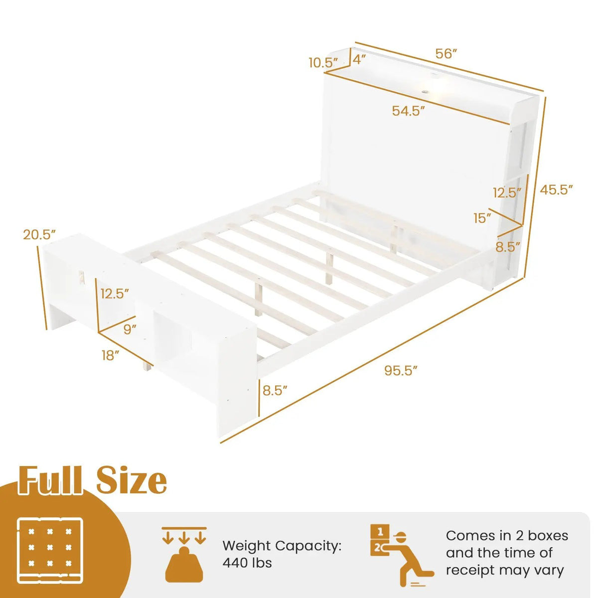 Full Size Bed Frame with 2 USB Ports with Storage Headboard and Lights, photo 4 of 9