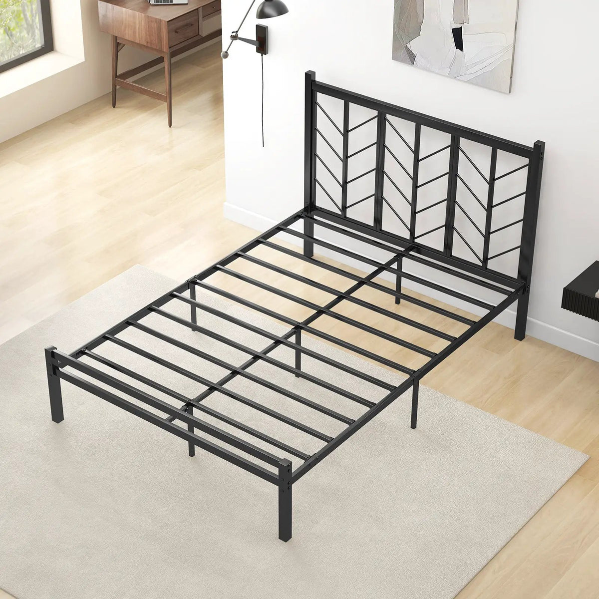 Queen Size Platform Bed with Headboard and Metal Frame