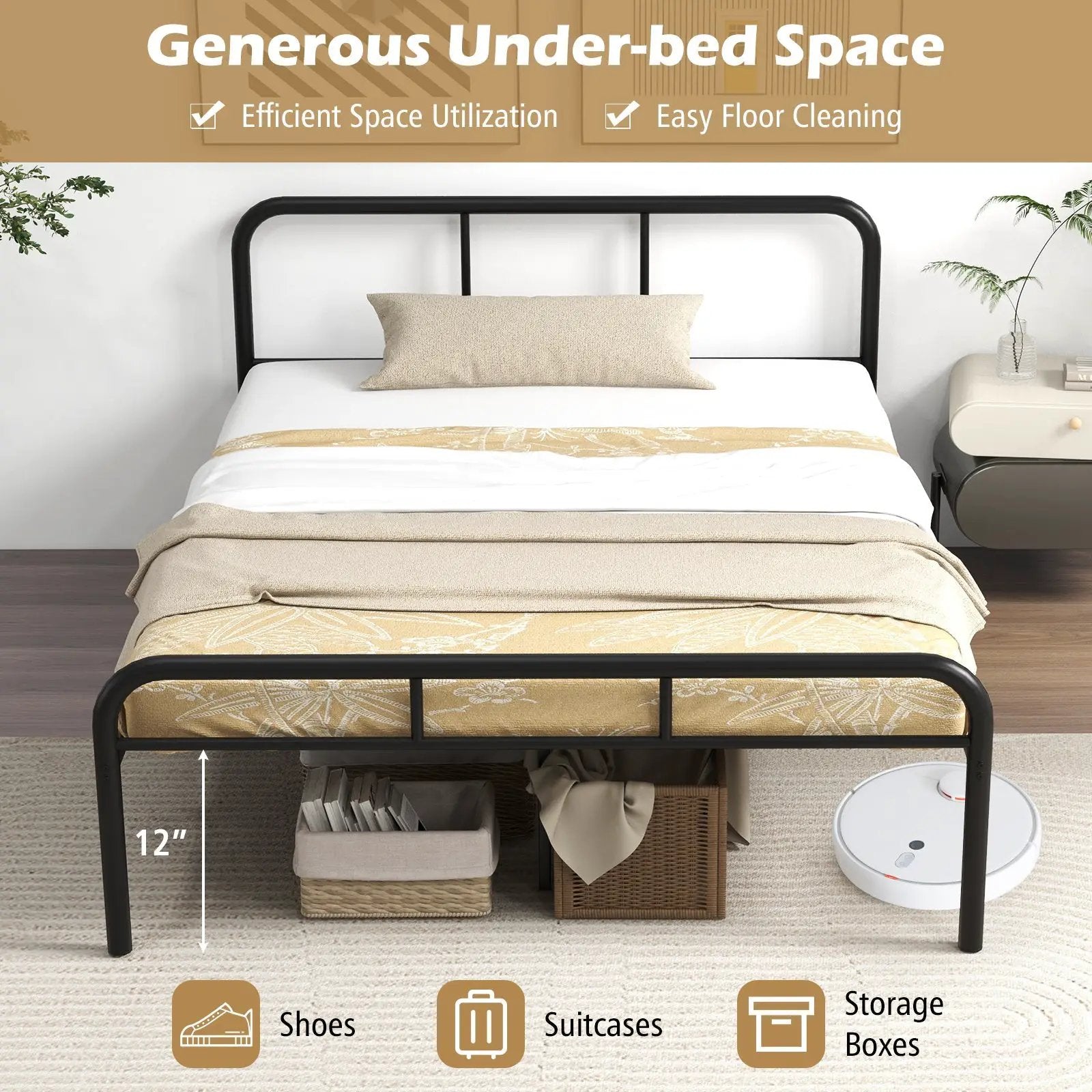 Full Bed Frame with Headboard and Footboard No Box Spring Needed-Black by DirectDeals