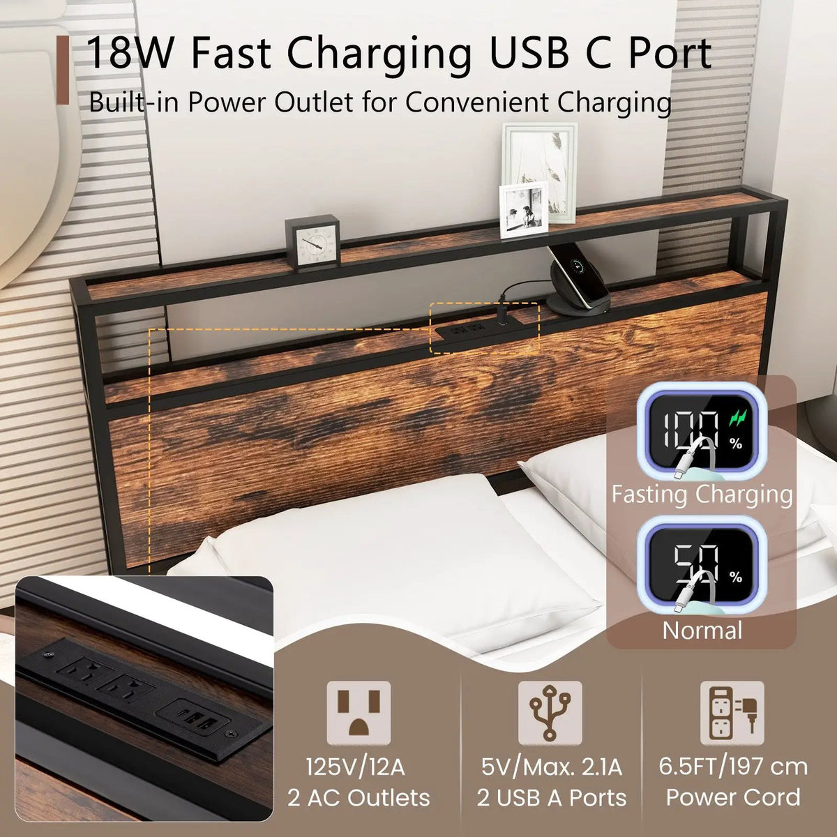 Twin/Full/Queen Bed Frame with Storage Headboard and Charging Station, photo 8 of 10