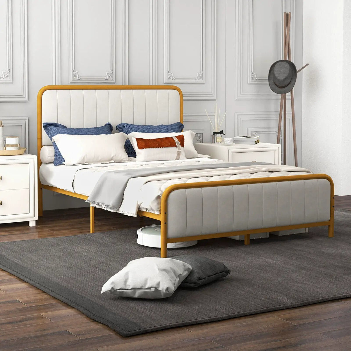 Upholstered Gold Platform Bed Frame with Velvet Headboard, photo 3 of 32