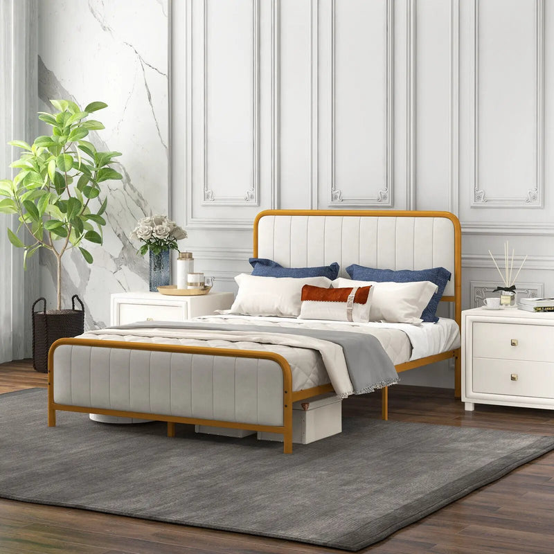 Upholstered Gold Platform Bed Frame with Velvet Headboard by DirectDeals