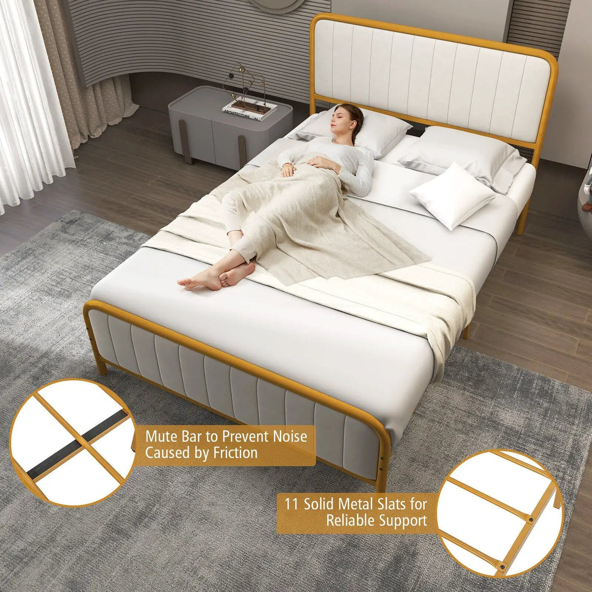 Upholstered Gold Platform Bed Frame with Velvet Headboard, photo 21 of 32