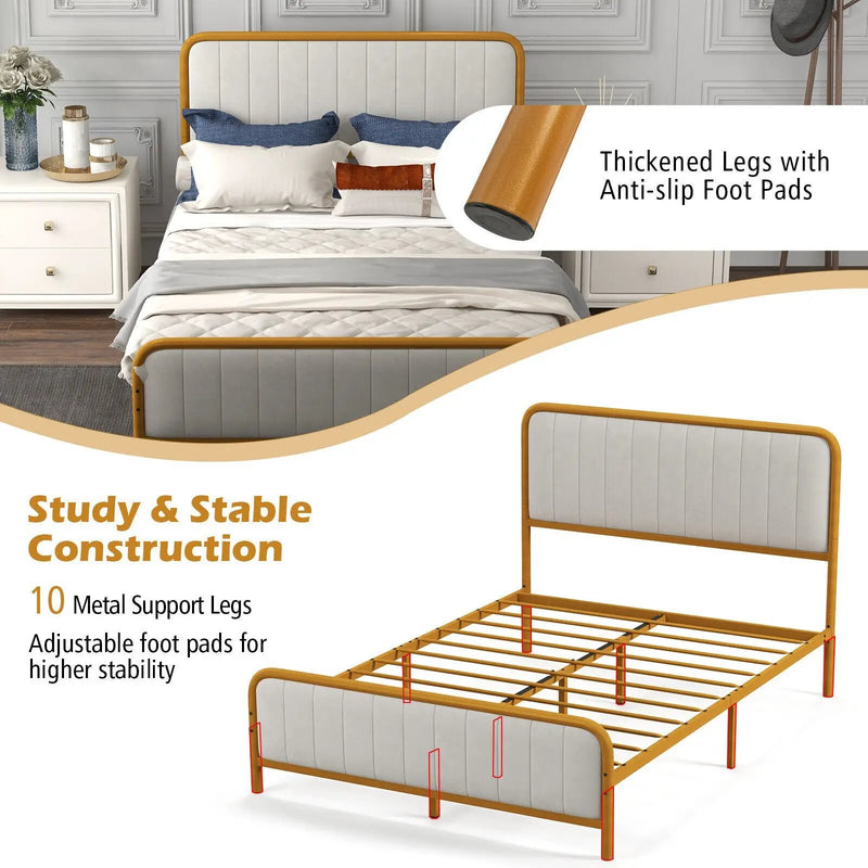 Upholstered Gold Platform Bed Frame with Velvet Headboard by DirectDeals