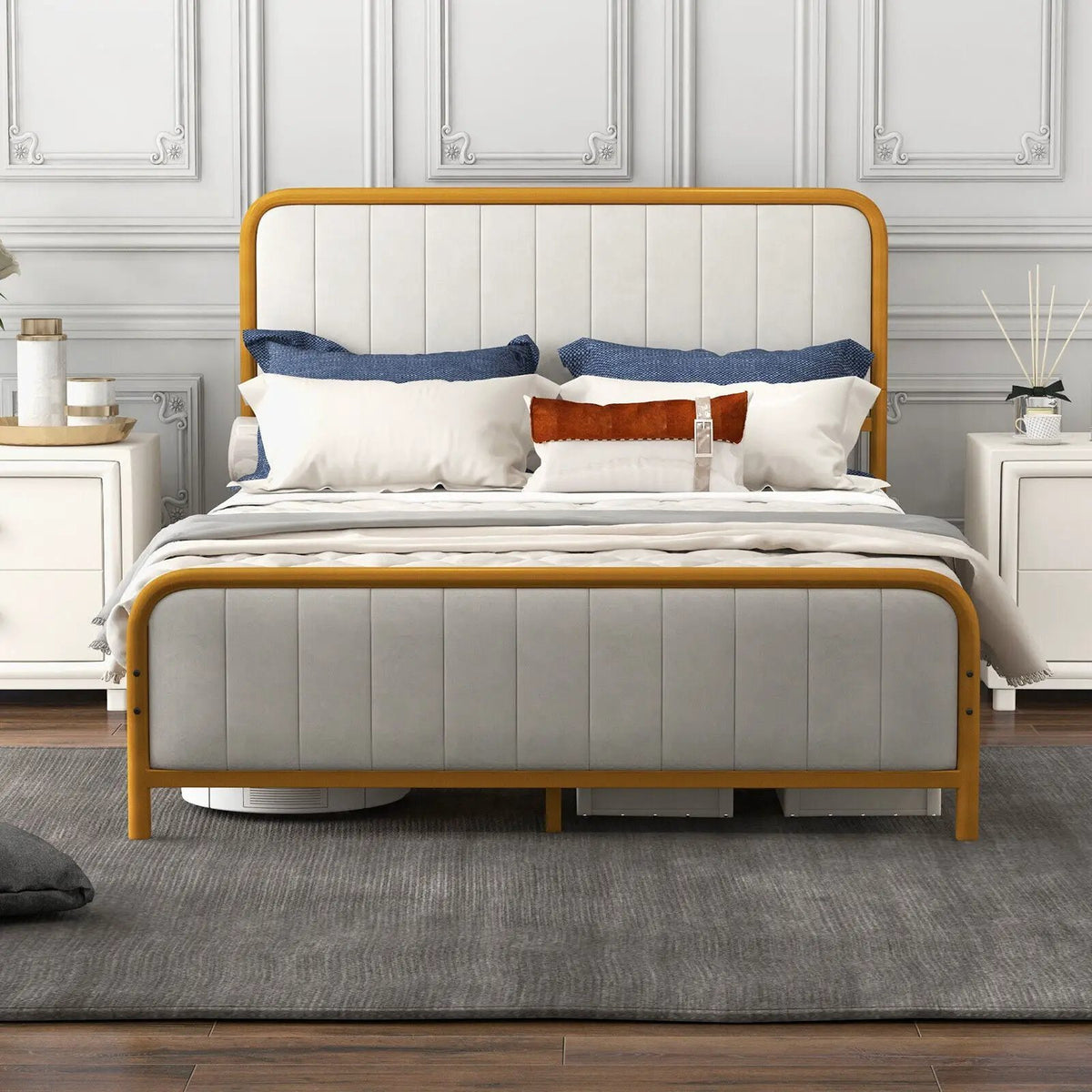 Upholstered Gold Platform Bed Frame with Velvet Headboard, photo 32 of 32