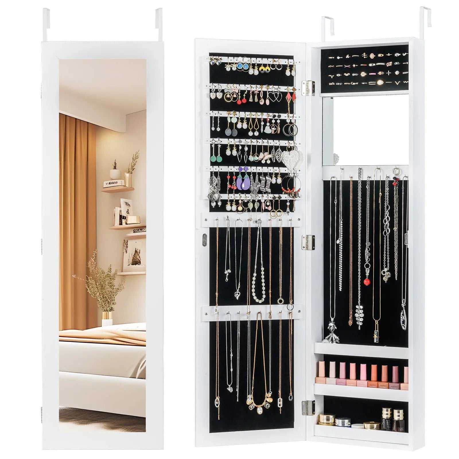 Full Length Mirror Jewelry Cabinet with Ring Slots and Necklace Hooks by DirectDeals