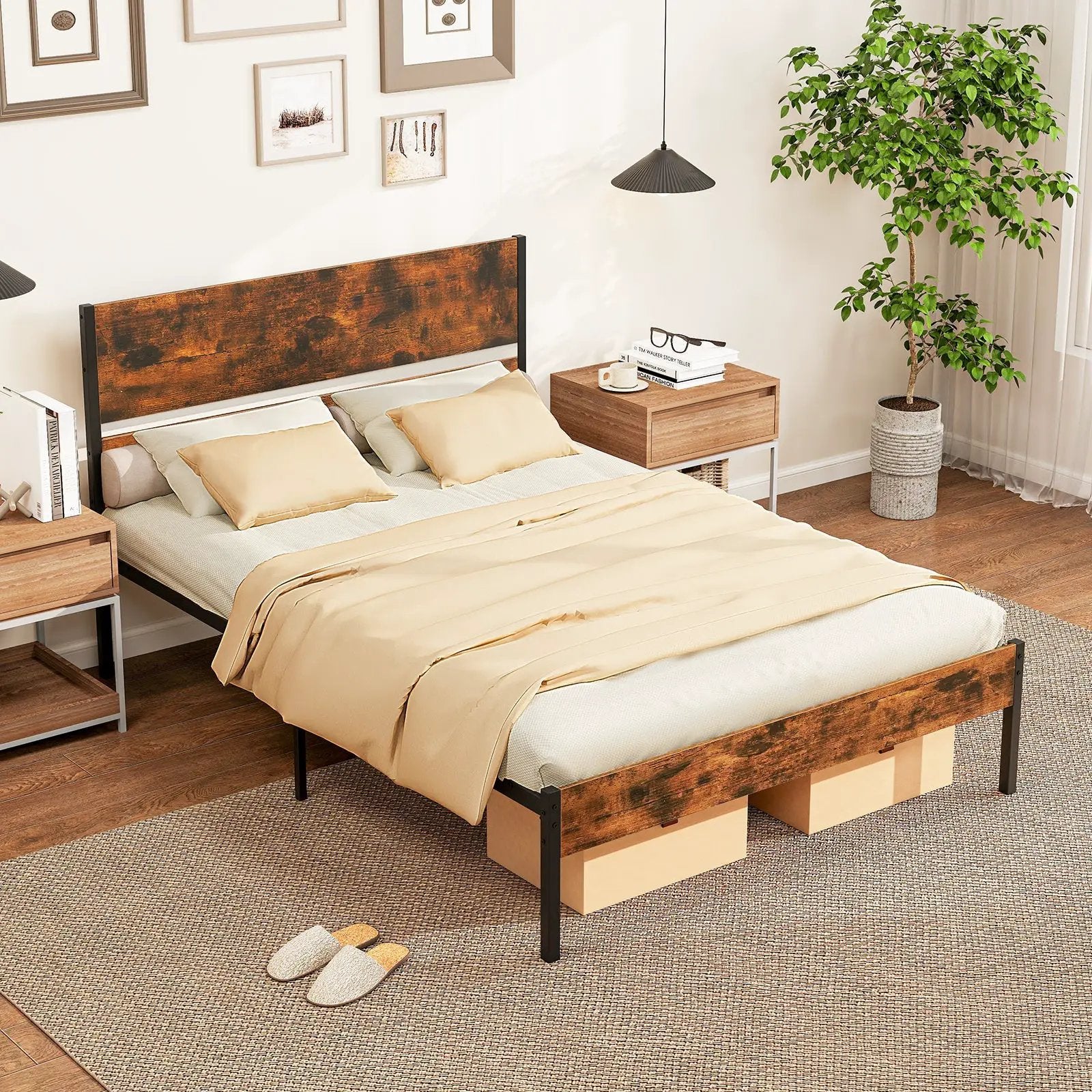 Twin/Full/Queen/King Metal Bed Frame with Wooden Headboard and Footboard-Full Size by DirectDeals